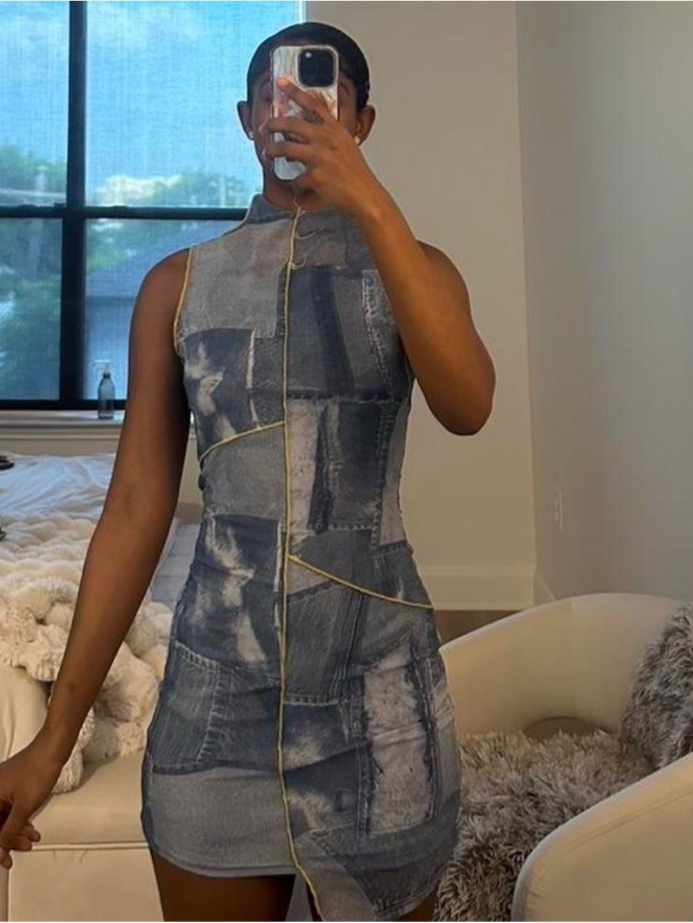 Fashion Nova Denim-Effect Patchwork Mini Dress - Blue